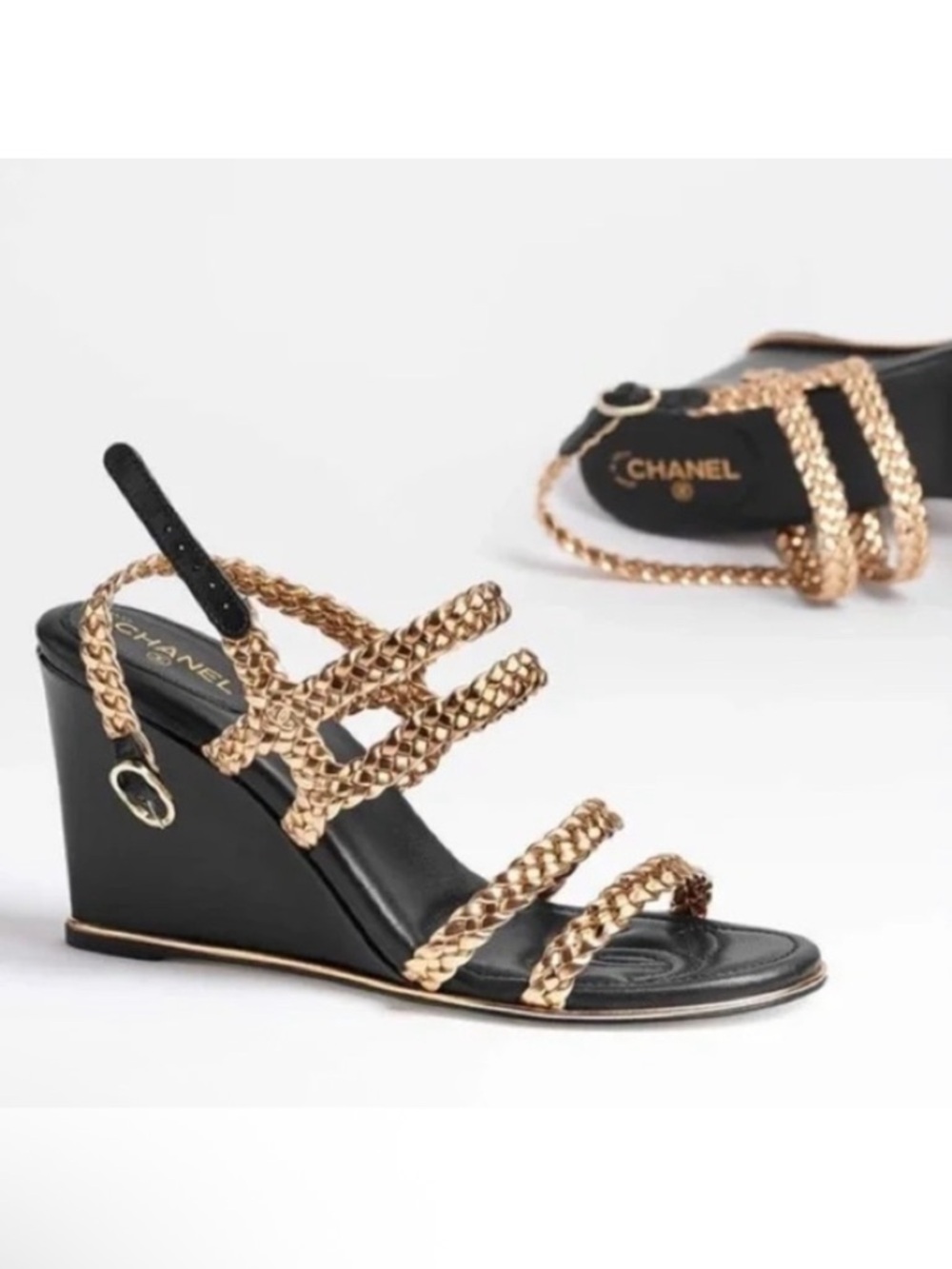 LIKE NEW Chanel Interlocking CC Logo Braided Wedge Sandals, Size 39